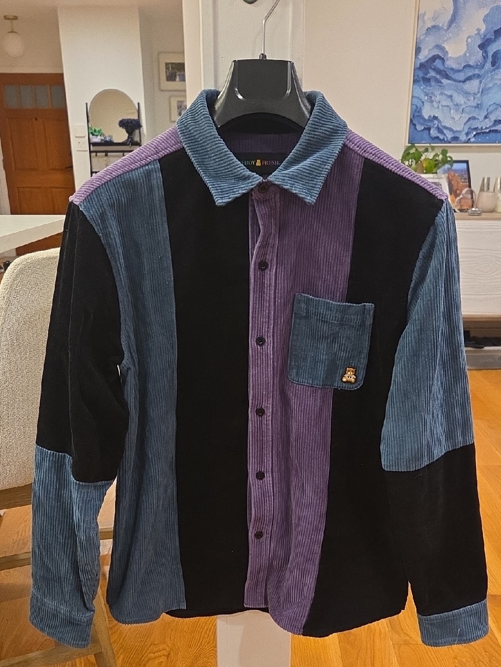 Teddy Fresh Men's Colorblock Corduroy Shirt-Jacket in Black, Teal & Purple (S)